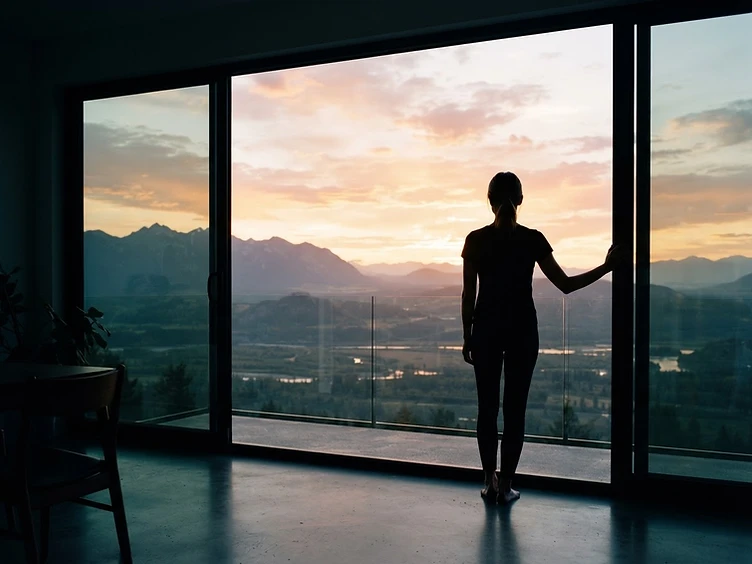 Eine Person steht an einem großen Fenster, im Gegenlicht einer Morgensonne