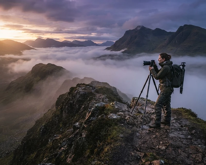 Lone photographer on a mist-covered ridge in the Scottish Highlands at dawn