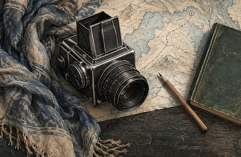 A photographer's travel guide — vintage camera, maps, and field notes on a dark wooden surface