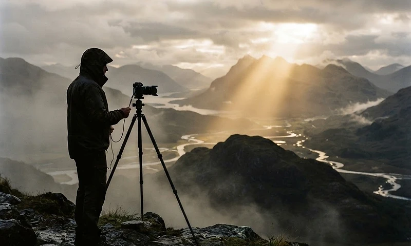 Lone photographer on a mist-covered ridge at dawn, side-lit, violet twilight sky