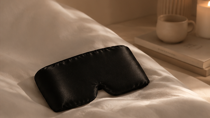 Masque de nuit en soie posé près d'une bougie, ambiance nocturne