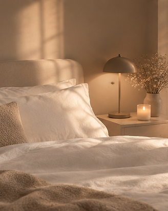 Chambre baignée de lumière dorée, draps en lin et ambiance reposante