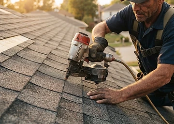 Roofer installing asphalt shingles on a residential roof