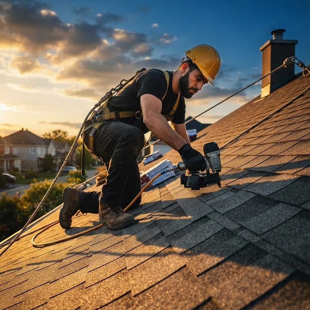 Professional roofer working on a residential roof