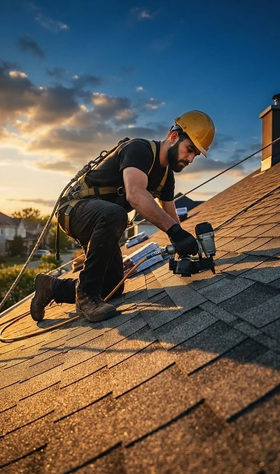 Professional roofer working on a residential roof at golden hour
