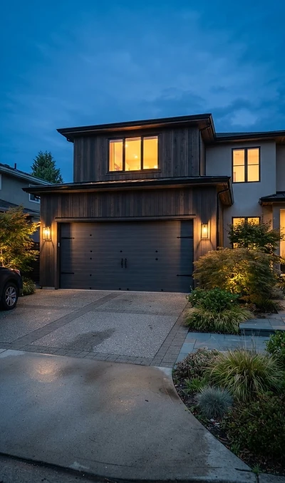 Modern residential garage door at dusk