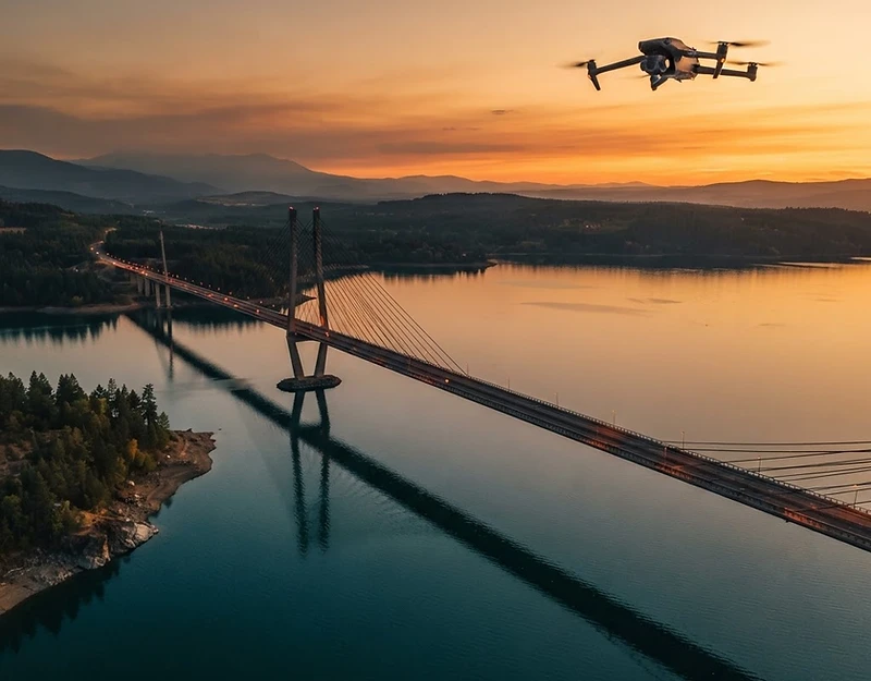 A drone flying over a bridge at sunset