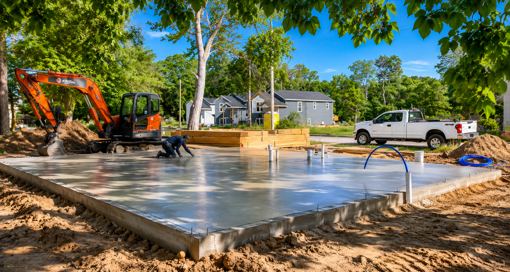 Poured concrete foundation construction at golden hour
