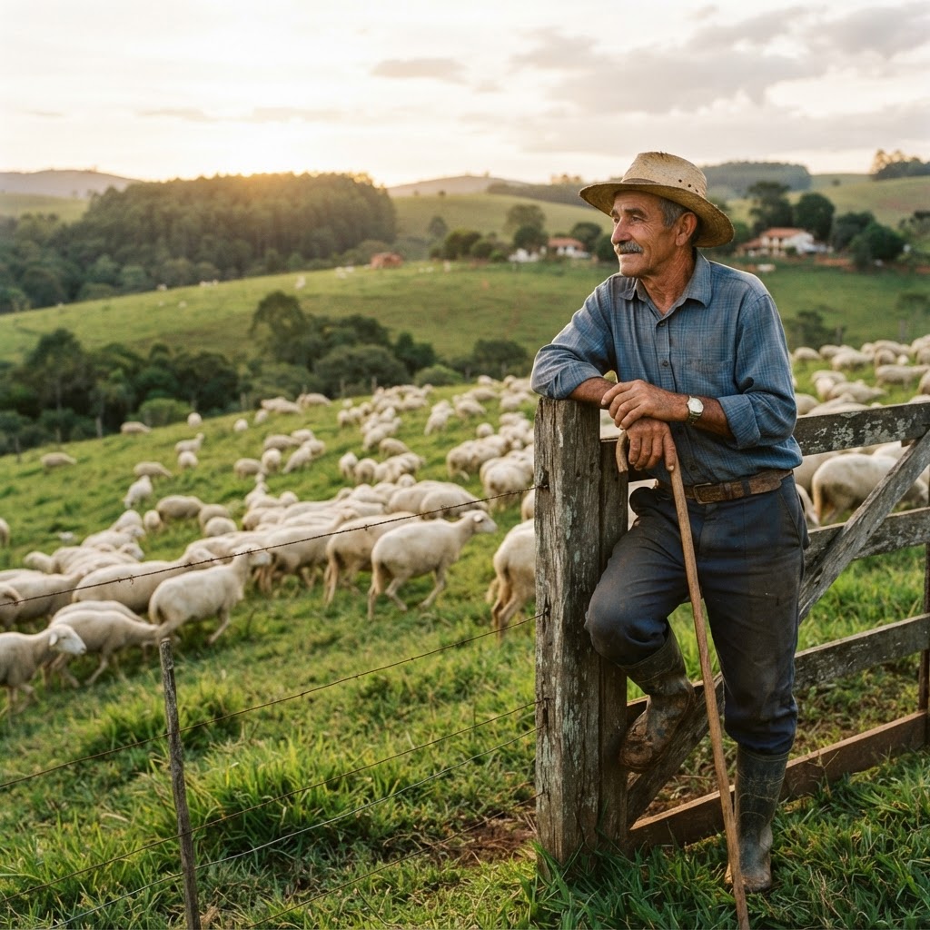 Ovinocultor verificando o rebanho no pasto