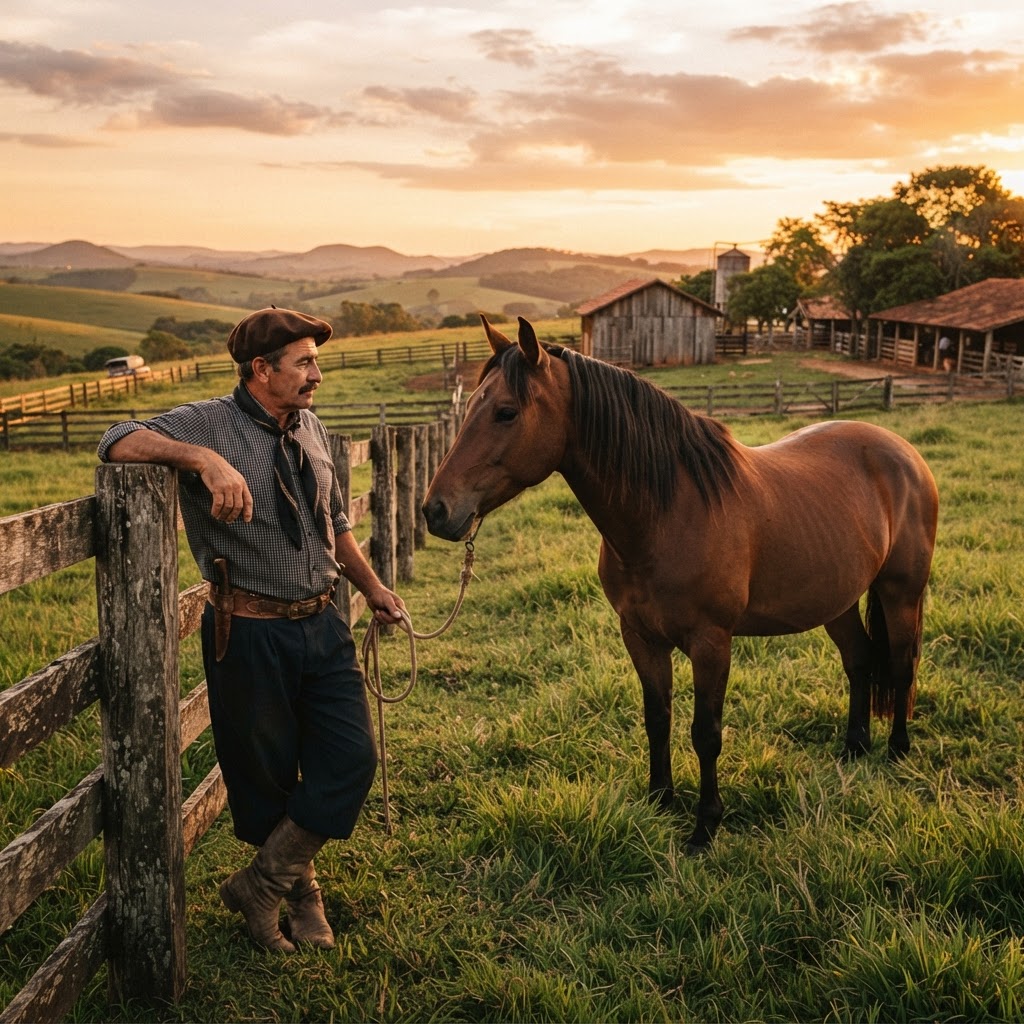 Criador de equinos inspecionando cavalo no haras
