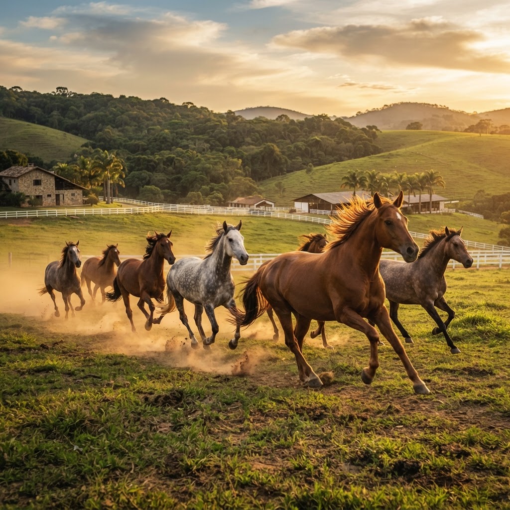 Cavalos galopando em haras brasileiro