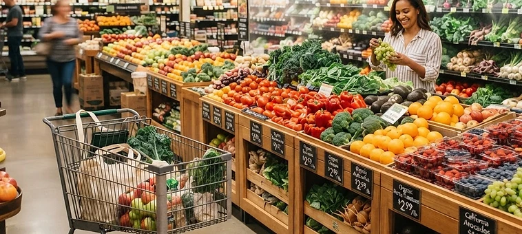 Góndolas de supermercado con productos frescos
