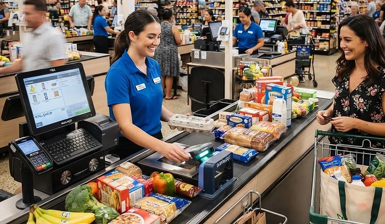 Caja de supermercado con escáner y POS