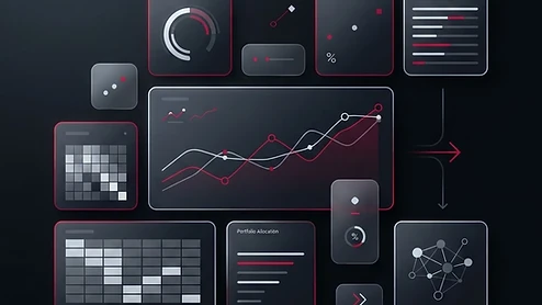 Executive Dashboard Analytics — floating bento grid analytics panels with crimson and platinum data borders