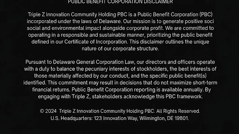 Public Benefit Corporation disclaimer footer with charter filings, benefit report, and compliance directive links