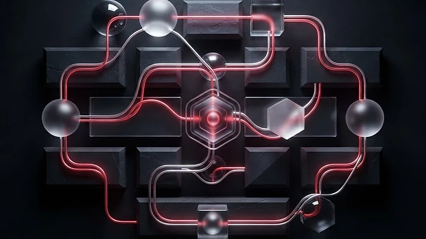 Secure Intake — interlocking glass nodes and slate blocks threaded by a glowing crimson and silver data stream