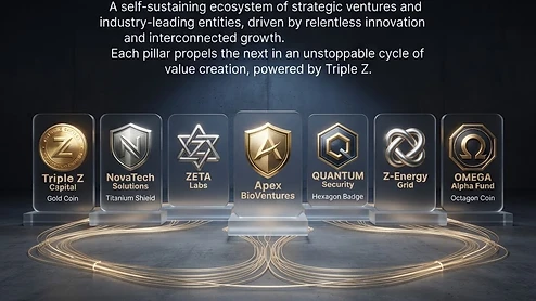 The Conglomerate Flywheel — seven luxury corporate seals on glassmorphic pedestals connected by golden fiber-optic circuits into a closed loop