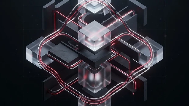 Secure Intake — interlocking glass nodes and slate blocks threaded by a glowing crimson and silver data stream