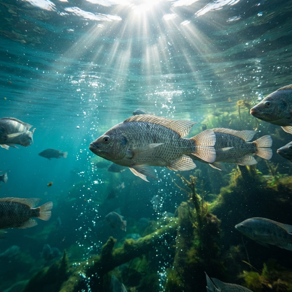 Peixes nadando em viveiro