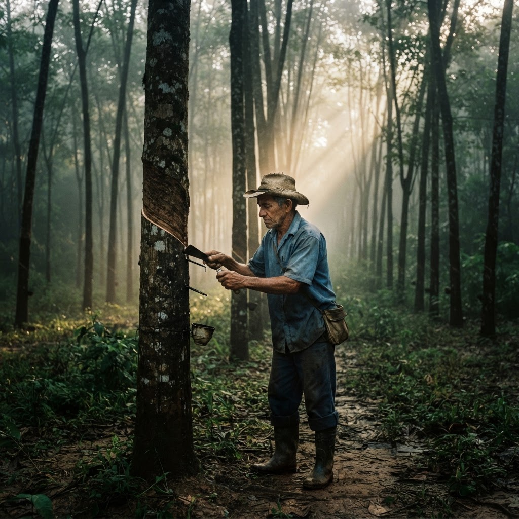Seringueiro fazendo sangria em árvore de borracha