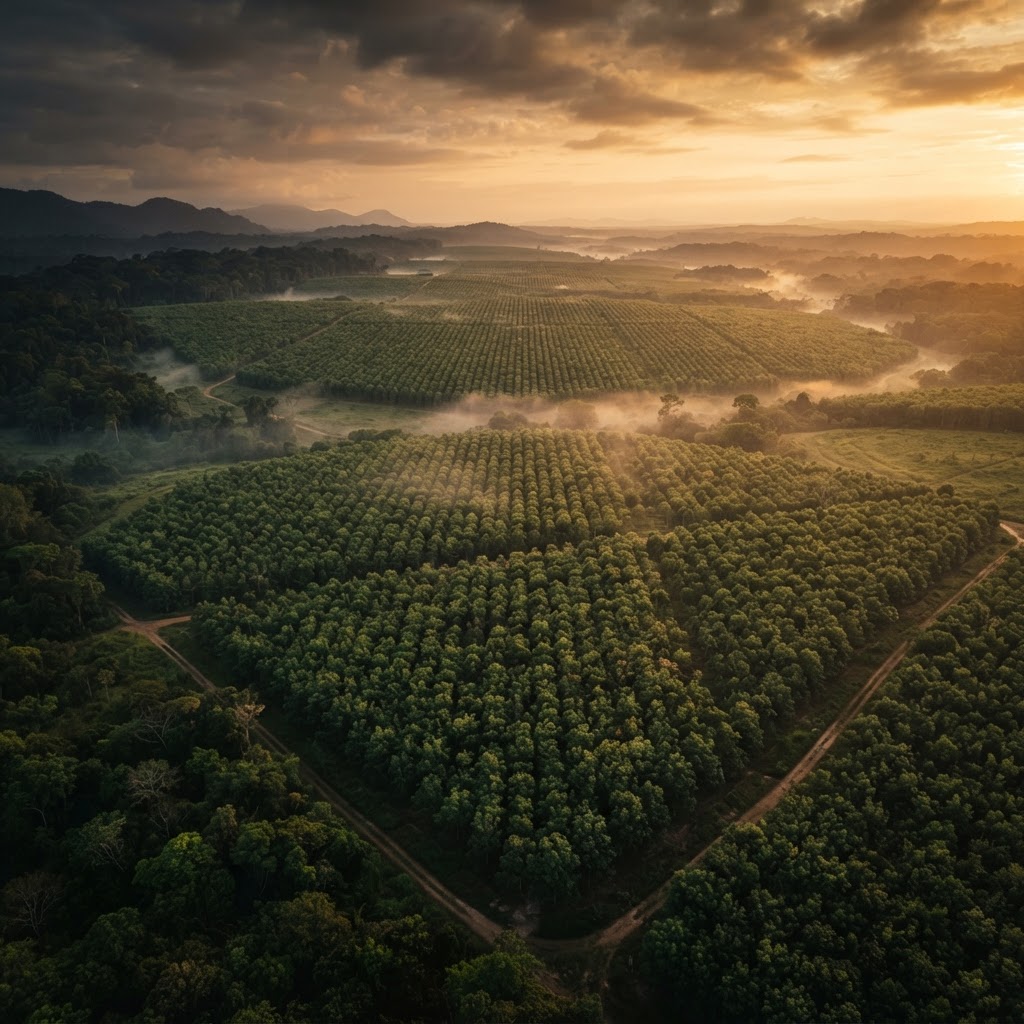 Vista aérea de plantação de seringueiras