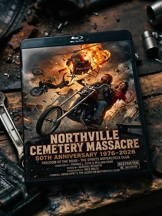 Northville Cemetery Massacre 50th Anniversary DVD case on a scarred workbench
