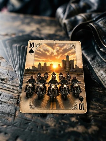 Deck of playing cards with skull motif fanned on a scarred wooden table