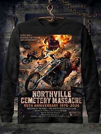 Black long-sleeve tee with Northville Cemetery Massacre poster print hanging on a rusty hook on a motorcycle chain