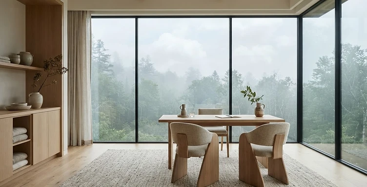 Airy consulting space with oak wood and a window overlooking a misty forest