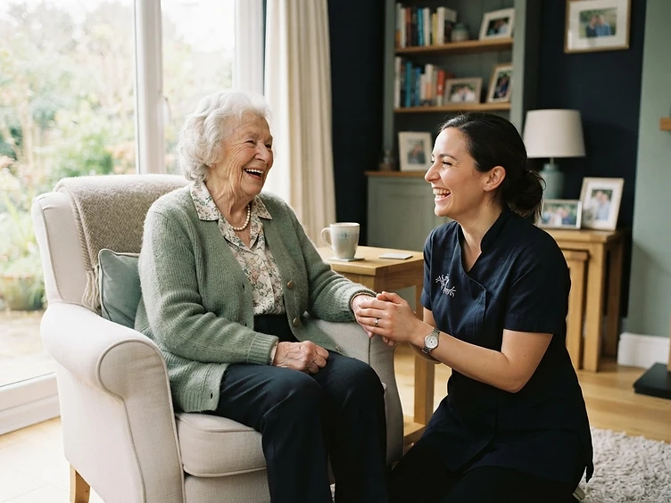 A caregiver sharing a warm moment with a senior client