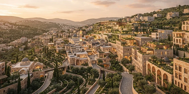 Vision of a rebuilt modern Palestinian cityscape at golden hour