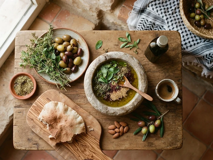 Palestinian olive oil, za\'atar and olives on stone