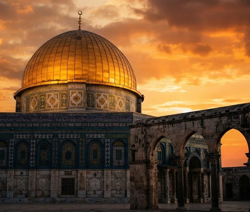 Ancient Jerusalem limestone architecture of the Dome of the Rock at sunrise