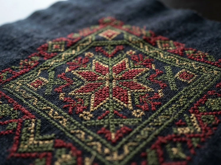 Macro detail of traditional Palestinian tatreez embroidery