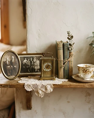 A warm shelf of meaningful family keepsakes — framed photos, a brass clock, and treasured books