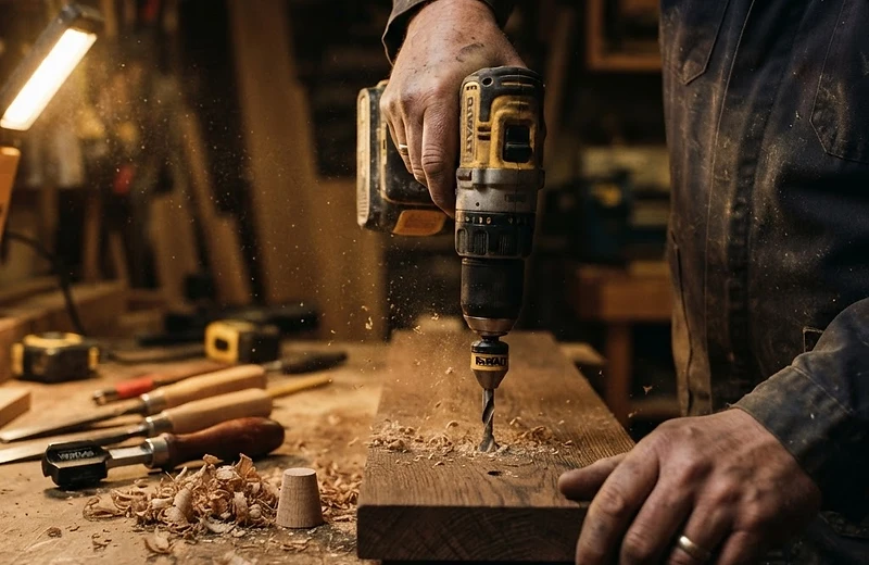 Stainless hex bolt threaded into a dark oak beam