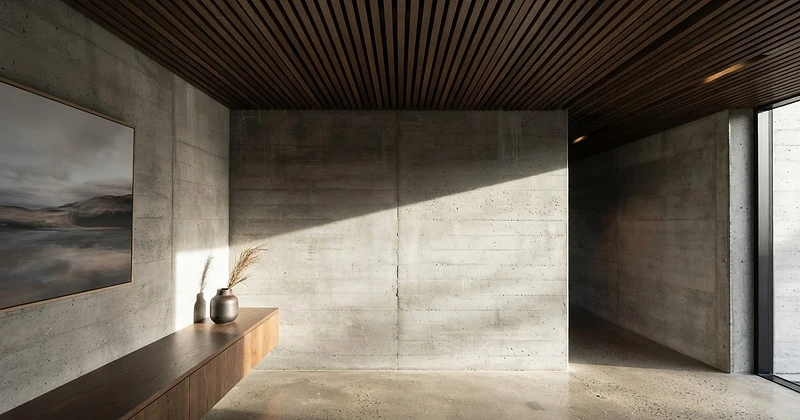 Dark timber ceiling battens meeting a raw concrete wall in a contemporary New Zealand home