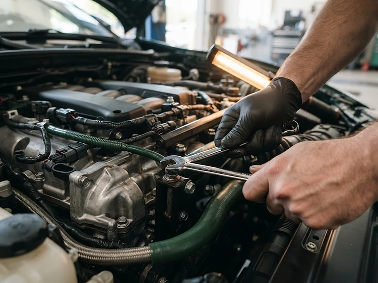 Mechanic's hands adjusting a wrench on a clean engine bay at H&Z Auto Repair in Brooklyn Park, MN