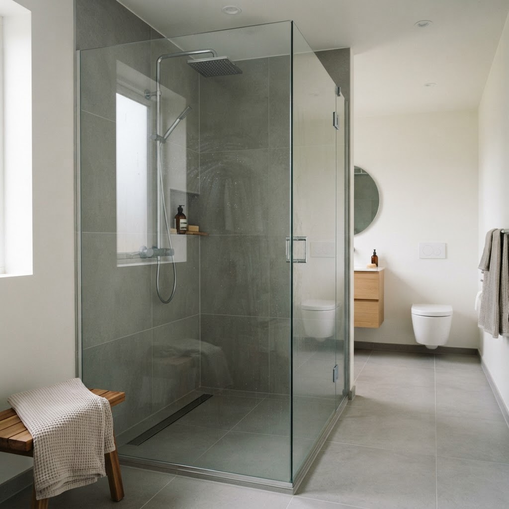 Walk-in shower concept — illustrative demo imagery.