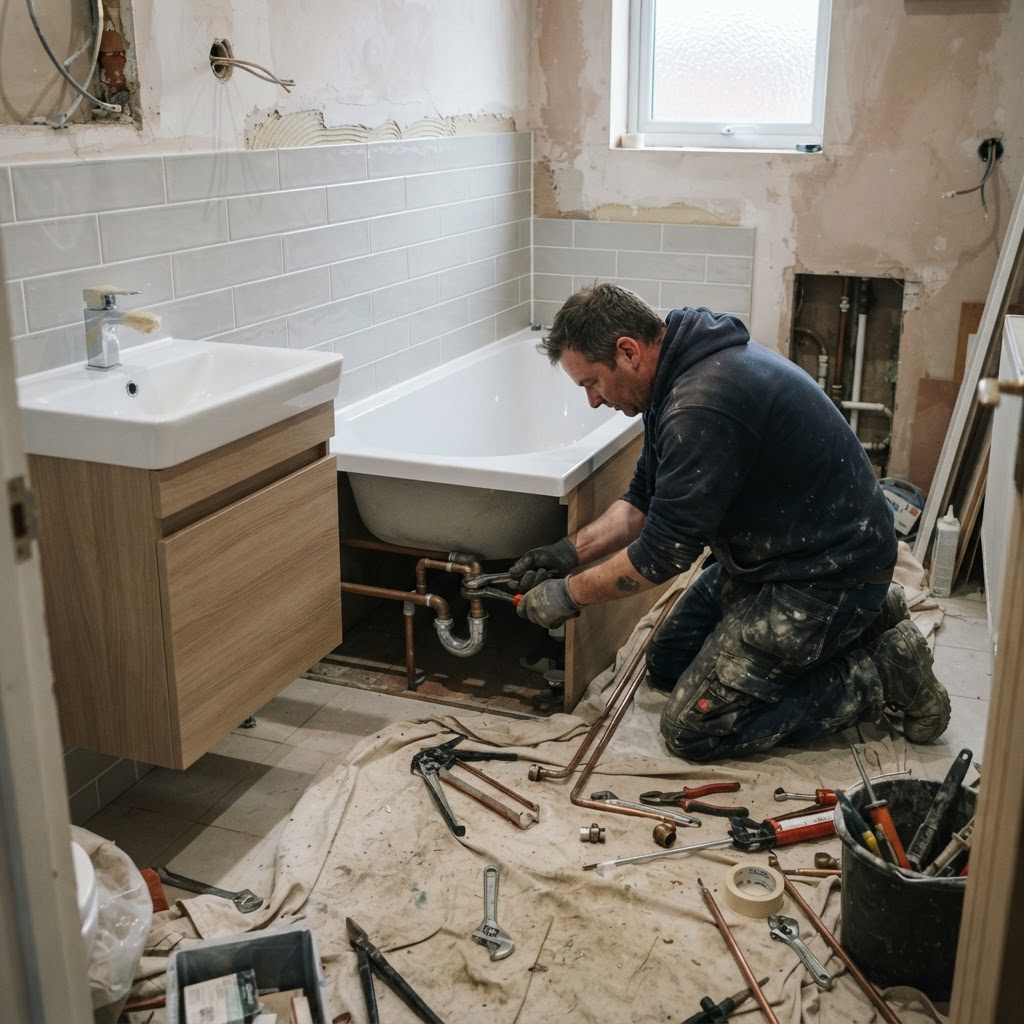 Bathroom refit mock-up — illustrative demo imagery, not a client project.