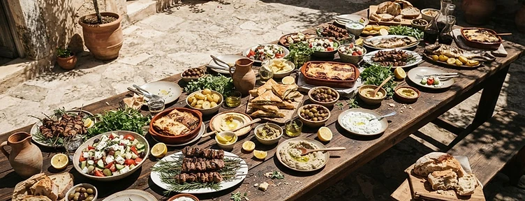 A 25-person Mediterranean feast on a long rustic table