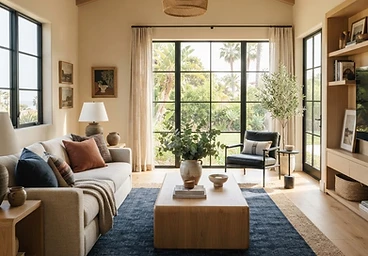 A bright shared living room with a linen sofa and natural light