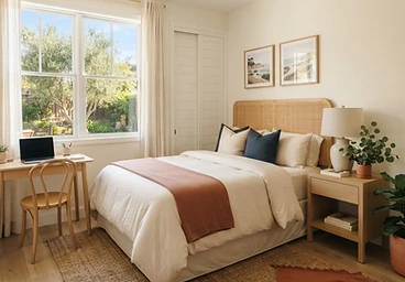 A furnished private bedroom with a workspace nook by the window