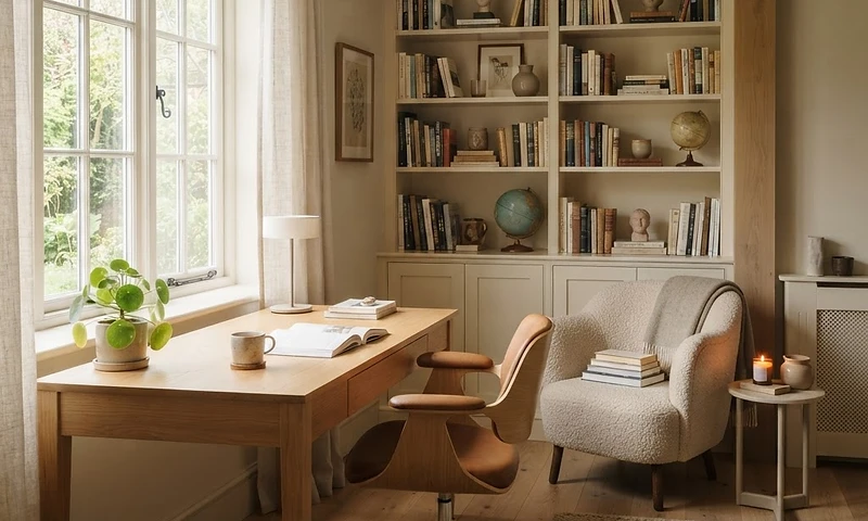A calm, refined home office with natural light, wood details, and organized shelving