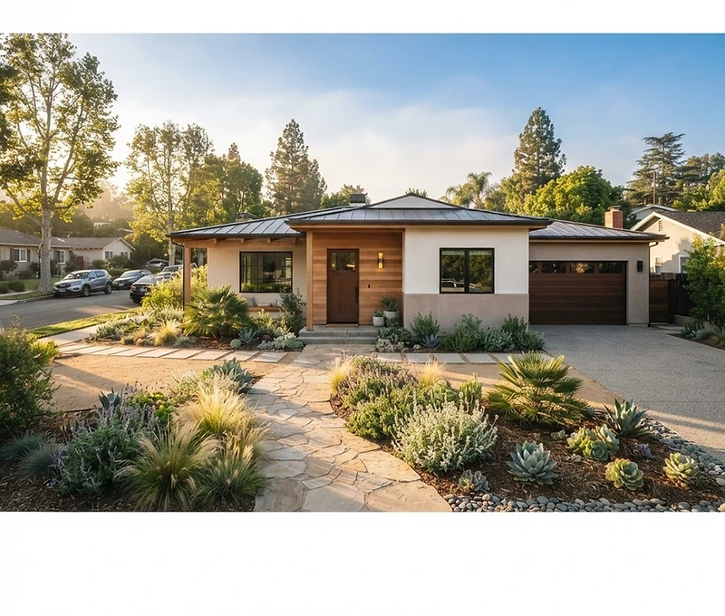 A welcoming Southern California home with warm modern ranch architecture and drought-tolerant landscaping