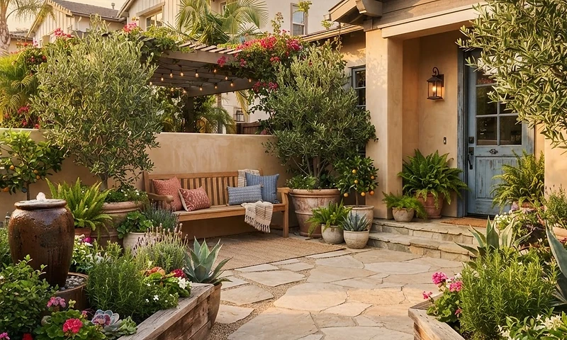 A warm California home courtyard with natural wood, greenery, and golden-hour light