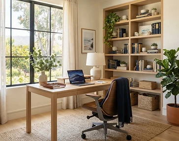 A dedicated professional home office with a light wood desk and shelving