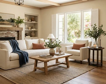 A welcoming California ranch home living room with warm wood and morning light