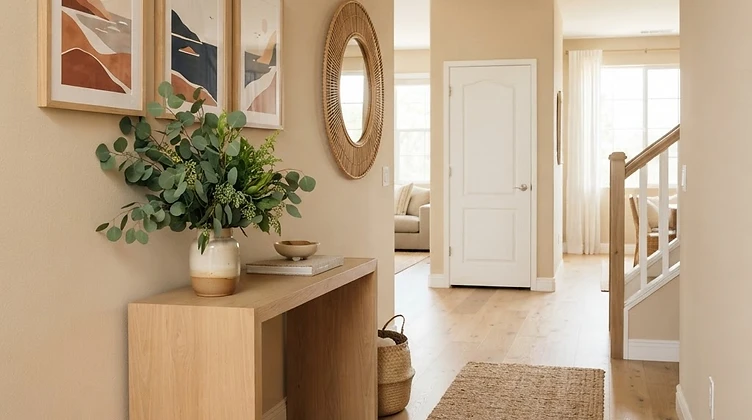 A warm home interior hallway with natural wood and eucalyptus