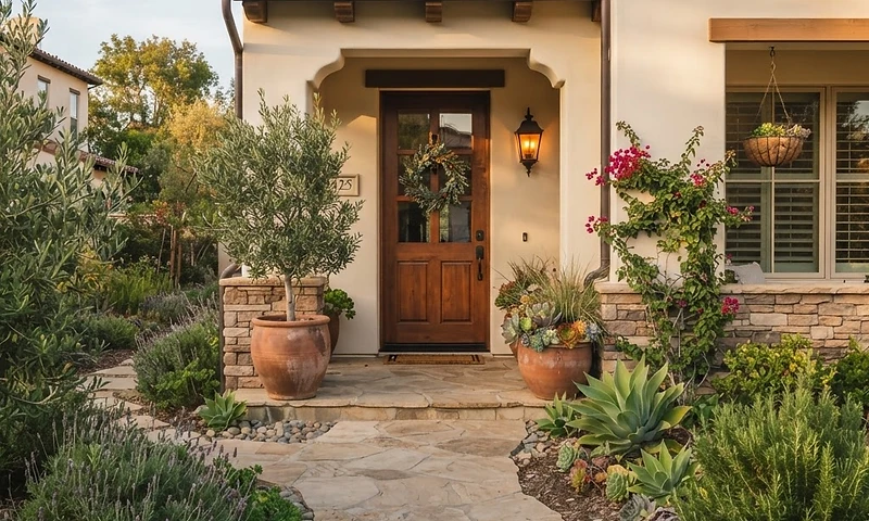 An inviting California entryway with a clear walkway, warm porch lighting, and plants